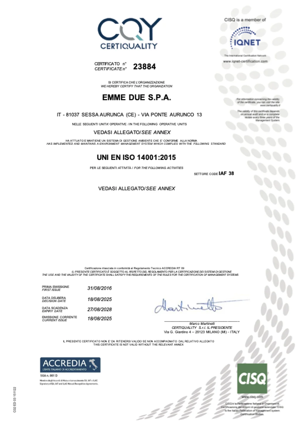 Certificato ISO 14001