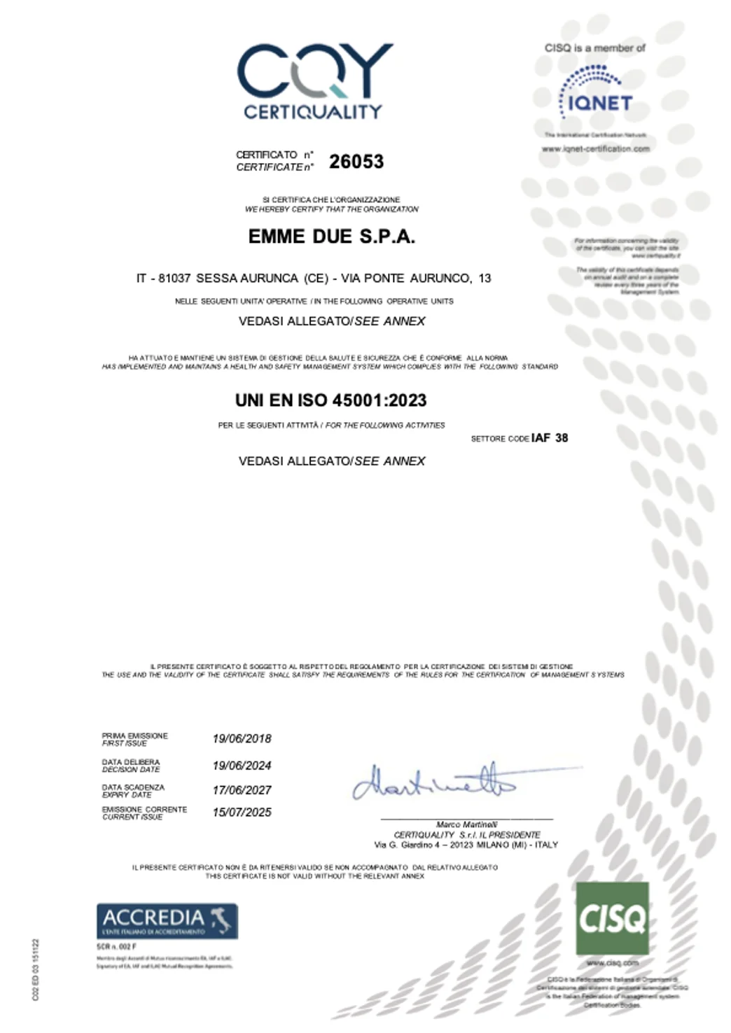 Certificato ISO 45001